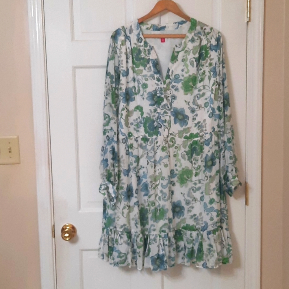NWT VINCE CAMUTO BLUE/GREEN/WHITE/SILVER FLORAL DRESS SZ 2X.